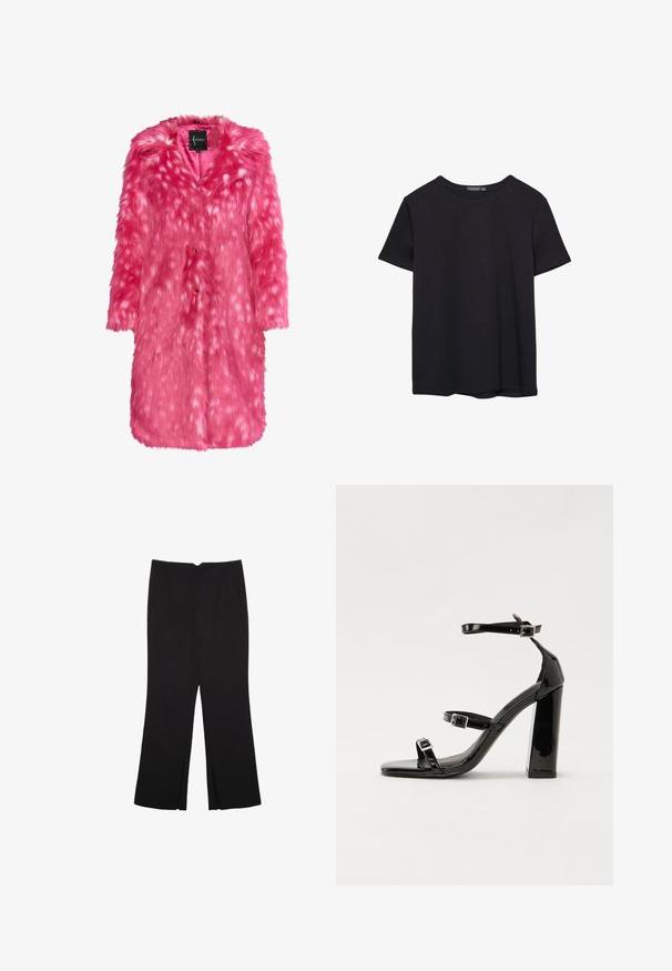Cappotto in pelliccia sintetica di un vivace rosa con una texture morbida, caratterizzato da piccole macchie bianche sparse, colletto e chiusura con bottoni. Vestibilità rilassata e lunghezza fino al ginocchio.; T-shirt nera in cotone a maniche corte con collo a giro, esposta su uno sfondo bianco.; Pantaloni neri a gamba dritta, con tasche frontali e spacchi laterali all'orlo. Realizzati in tessuto morbido e liscio. Adatti a diverse occasioni.; Sandali con tacco in vernice nera, con punta squadrata, cinturini alla caviglia e fibbie in argento. Presentano un tacco a blocco spesso per maggiore stabilità.
