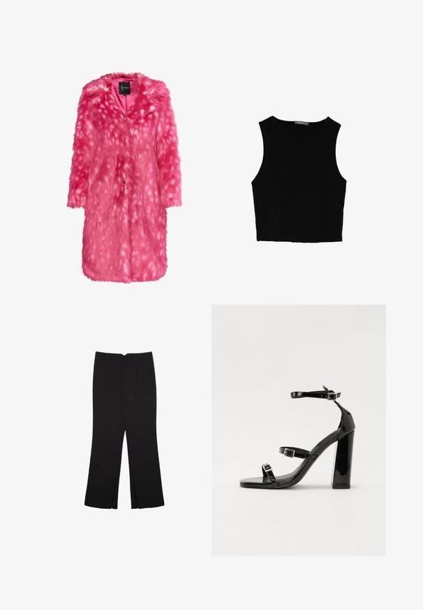 Cappotto in pelliccia sintetica di un vivace rosa con una texture morbida, caratterizzato da piccole macchie bianche sparse, colletto e chiusura con bottoni. Vestibilità rilassata e lunghezza fino al ginocchio.; Top corto senza maniche nero realizzato in tessuto liscio, con scollatura rotonda e un design pulito e semplice, privo di pattern o accessori.; Pantaloni neri a gamba dritta, con tasche frontali e spacchi laterali all'orlo. Realizzati in tessuto morbido e liscio. Adatti a diverse occasioni.; Sandali con tacco in vernice nera, con punta squadrata, cinturini alla caviglia e fibbie in argento. Presentano un tacco a blocco spesso per maggiore stabilità.