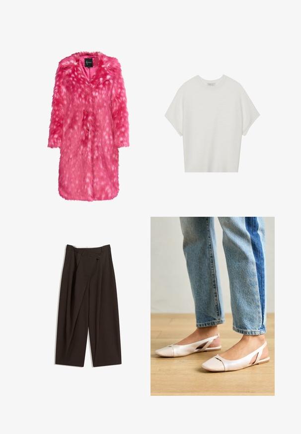Faux fur coat in bright pink with a soft texture, featuring scattered white spots, a collar, and button closures. Relaxed fit and knee-length.; White short-sleeve t-shirt with a wide crew neck and textured ribbed pattern, made of soft fabric, featuring a relaxed fit and a clean design.; Dark brown wide-leg trousers with a high waist, featuring a single button closure and a pleated front. Made from lightweight fabric.; Pale pink slingback flats with a pointed toe, made from a smooth leather-like material. Features cut-out details at the sides and a flat heel.