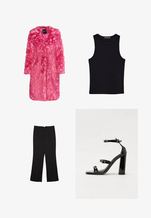 Lažno krzno plašč v svetlo rožnati barvi z mehkimi teksturami, ki ima raševljene bele madeže, ovratnik in gumbaste zapore. Ohlapen kroj in dolžina do kolen.; Črna majica brez rokavov iz bombaža, z okroglim izrezom in širokimi odprtinami za roke. Gladka tekstura s šivi na robovih. Klasičen, minimalističen dizajn.; Črne hlače ravnega kroja z naglavnimi žepi in stranskimi razporki na robu. Narejene iz mehke, gladke tkanine. Primerne za različne priložnosti.; Črne lakirane sandale s peto, kvadratnim prstom, trakovi okrog gležnja in srebrnimi zaponkami. Opremljene so s stabilno Debelo peto.