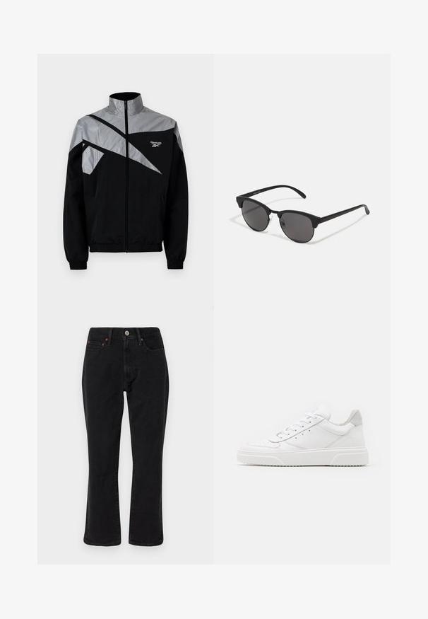 Black and grey windbreaker jacket with a high collar, front zipper, elastic cuffs, and diagonal panel design. Features Reebok logo.; White cotton t-shirt with short sleeves, crew neckline, and a relaxed fit. Smooth texture with no visible patterns or accents.; Black denim jeans featuring a straight leg design, five-pocket style, and metal hardware with copper accents. Smooth texture and medium rise.; White leather sneakers with a smooth finish, rounded toe, flat laces, and a textured sole. Grey suede accent at the heel.; Black sunglasses with round lenses, matte finish, and distinctive cat-eye shape. Slim arms with subtle branding on the left temple.