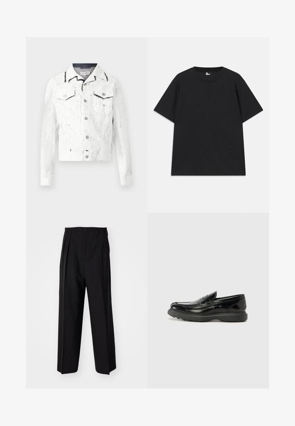 Jaqueta de denim branca com superfície texturizada, dois bolsos no peito, detalhes em costura preta e fecho com botões de pressão. Mangas longas, design com colarinho.; Camiseta preta de mangas curtas em algodão, com decote redondo e um pequeno detalhe de logo perto da bainha. Textura suave, corte regular.; Calças pretas plissadas com um design reto e de perna larga. Feitas de um tecido liso, apresentam um fecho de botão e passantes para cinto.; Mocassim de couro preto com acabamento brilhante, bico arredondado, detalhes de costura subtil e sola de borracha espessa para durabilidade.