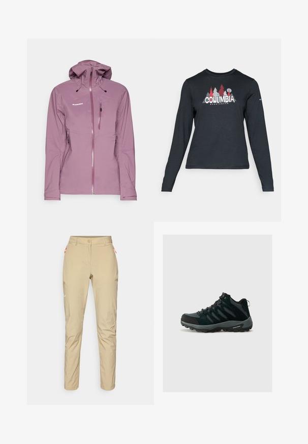 Mammut GUIDE HOODED - Veste Hardshell - flux; Chemise à manches longues gris foncé avec un motif d'arbres rouges et de montagnes ; logo "COLUMBIA" en lettres blanches en gras. Tissu doux, col rond standard.; Pantalons d'extérieur beiges avec une texture lisse, dotés d'une poche zippée orange, d'une coupe ajustée et d'un petit logo blanc à l'avant.; Columbia REDMOND - Chaussures de marche - black/citron haze