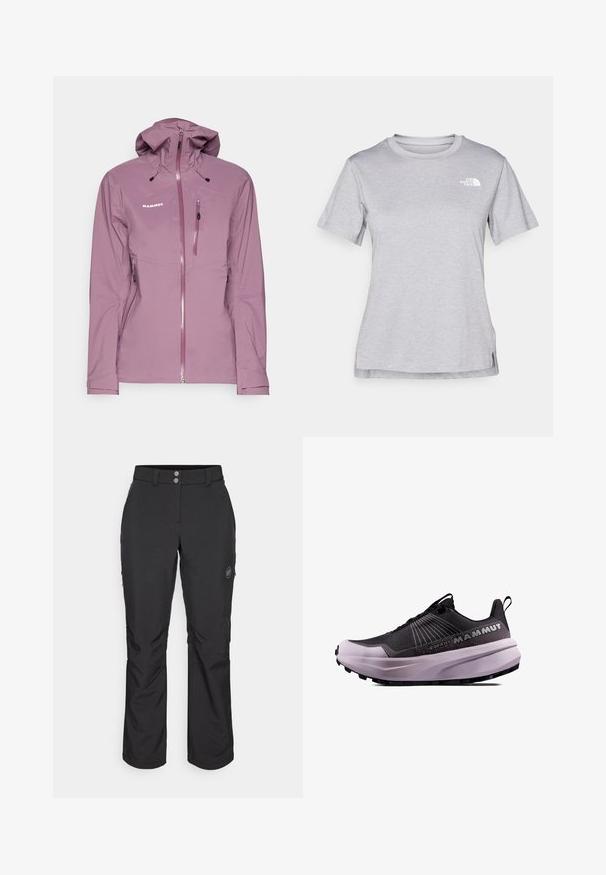Mammut GUIDE HOODED - Giacca hard shell - flux; T-shirt grigio a maniche corte realizzato in morbido tessuto traspirante. Presenta un collo tondo e un piccolo logo bianco nella parte superiore sinistra.; Pantaloni outdoor neri con taglio dritto, dotati di chiusura con bottone, tasche laterali con zip e una patch con logo sulla coscia sinistra.; Scarpa da trail running nera e viola con tomaia texturizzata, suola ammortizzata e logo prominente. Presenta un design con lacci e battistrada resistente.