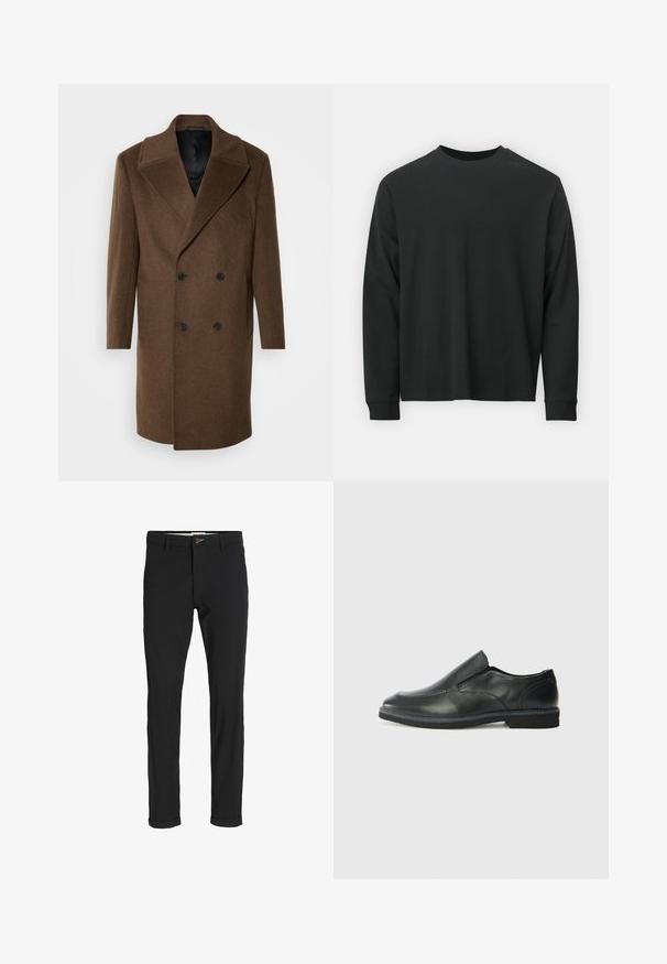 Isaac Dewhirst OVERSIZED COAT - Klasisks mētelis - brown; Garās piedurknes melna T-kreklā, izgatavota no kokvilnas, ar apaļu kakla izgriezumu, brīvu piegriezumu un ribotām piedurknēm. Gluda tekstūra bez redzamām rakstainēm.; Melnas kokvilnas maisījuma bikses ar šauru piegriezumu, ar pogu aizdari, kabatām un rullētām piedurknēm ikdienišķam izskatam.; Melnas ādas slip-on kurpes ar gludu augšdaļu, izšūtām akcentiem, noapaļotu purngala daļu un zemu gumijas papēdi. Zole ar minimālu rakstu.