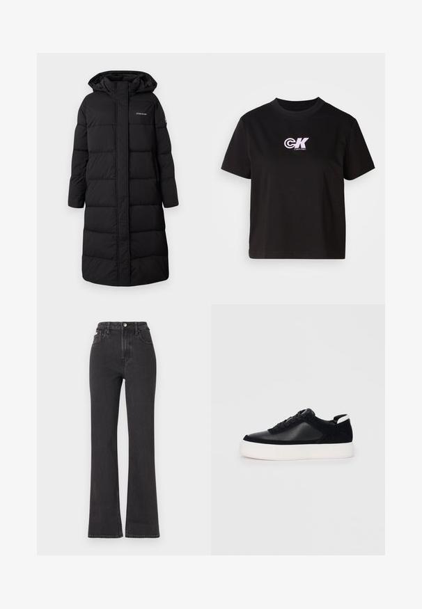 Black puffer coat, knee-length with a hood, quilted design, featuring a front zipper and logo on the chest. Textured, insulated fabric.; Black cotton t-shirt with a round neckline and short sleeves. Features a white and pink "CK" logo on the upper left chest area.; Black high-waisted flared jeans made of denim, featuring a button closure, belt loops, and side pockets. Smooth texture with minimal fading.; Black sneaker with smooth leather and suede panels, flat laces, rounded toe, and a white rubber sole. Distinct logo on the heel.