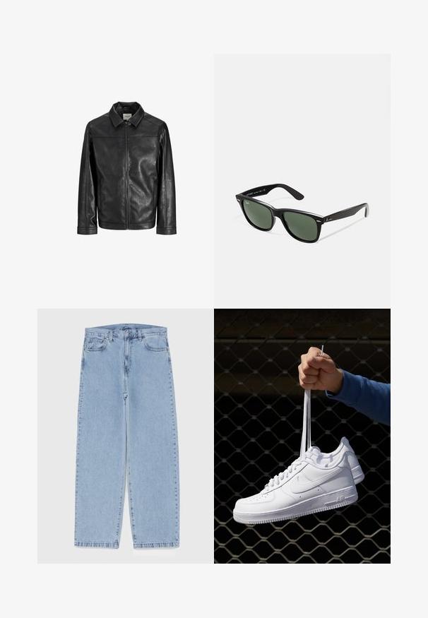 Zwarte leren jas met een ritssluiting aan de voorkant, puntige kraag en lange mouwen. Heeft naaddetails en een gladde textuur.; Witte katoenen tanktop met een ronde halslijn, brede schouderbanden en een rechte zoom, met een gladde textuur en zonder zichtbare patronen.; Lichtblauwe denim jeans met een recht model, voorzien van een middelhoge taille, vijf zakken en een knoop- en ritssluiting.; Witte leren sneakers met perforaties, ronde neus, vlakke zool en dikke veters, met een zichtbare swoosh-logo en "AIR" op de hiel.; Zwarte plastic zonnebril met groene lenzen, vierkante montuur, zilveren accent op de wenkbrauw en een gestructureerde tempel. Merken vermeld op de binnenkant van de arm.