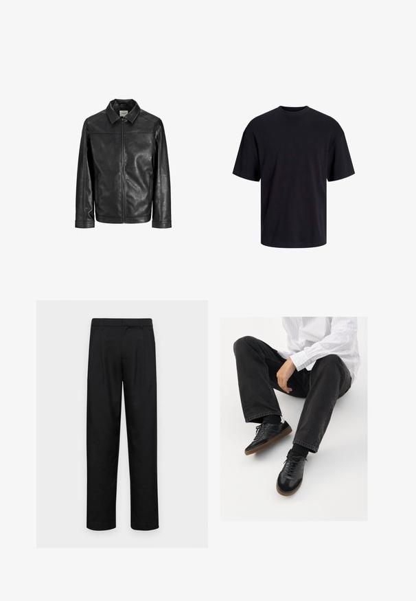 Melnas ādas jaka ar rāvējslēdzēju priekšā, ar norādītu apkakli un garām piedurknēm. Iekļauj vīļu detaļas un gludu tekstūru.; Melns kokvilnas T-krekls ar apaļu kakla izgriezumu, īsām piedurknēm un brīvu piegriezumu. Gluda tekstūra un nav redzamu rakstu vai akcentu.; Melnas bikses, izgatavotas no gludas auduma, ar taisnu kāju dizainu, divām priekšējām krokām un standarta jostu, kurai ir āķi.; Melnas sporta kurpes ar gludu un teksturētu virsu, apgādātas ar gumijas zoli un tumšiem auklām. Saskaņotas ar melniem džinsiem un baltu svītrainu krekls.