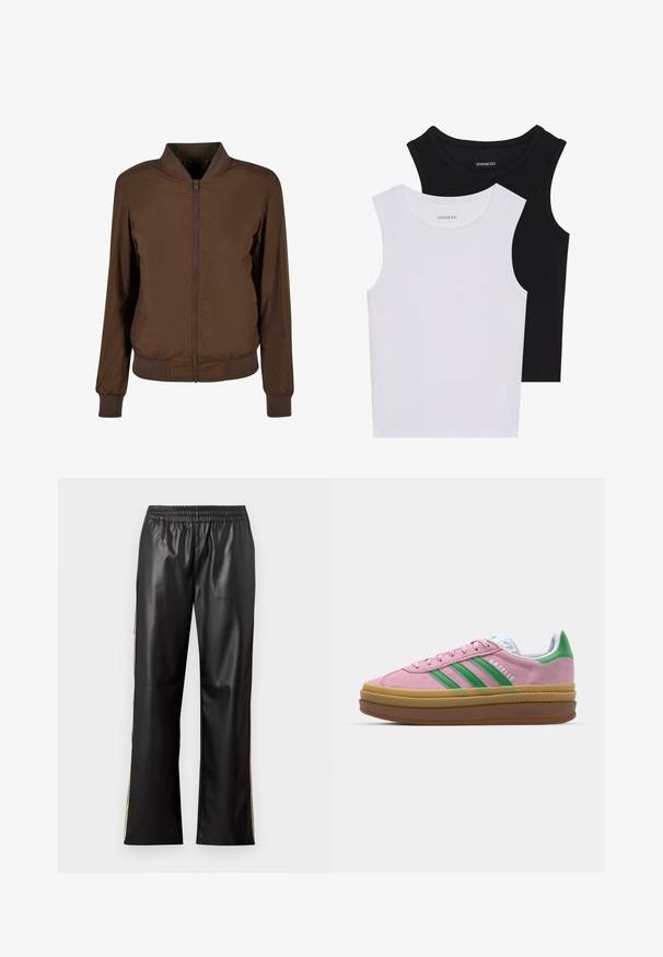 Barna bomber dzseki cipzárral elöl, bordázott mandzsettákkal és szegéllyel. Simább, könnyű anyagból készült, oldalsó zsebekkel.; Két ujjatlan felső fekete és fehér színben, bordás pamutból készült, kerek nyakkivágással és testhez simuló fazonnal. Mindkettőn látható címke.; Fekete műbőr nadrág elasztikus derékkal, egyenes szárú dizájnnal és kontrasztos oldalsávokkal. Sima textúra és minimalista stílus.; Rózsaszín zamákból készült sportcipő zöld csíkokkal, fehér díszítéssel és barna gumi talppal. Texturált anyaggal és logóval ellátott részletekkel az oldalon.