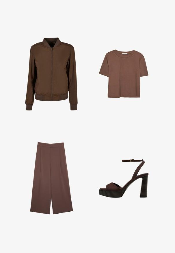 Ruskea pommikone-takki, jossa on vetoketju edessä, ribatut hihat ja helma. Valmistettu sileästä, kevyestä kankaasta, jossa on sivutaskut.; Kahvinsävyinen lyhythihainen t-paita, joka on valmistettu pehmeästä kankaasta. Pyöreä pääntie ja rento malli. Ei näkyviä kuvioita tai koristeita.; Ruskeat leveälahkeiset housut, joissa on sileä pinta, korkea vyötärö ja etupleat. Kangas on kevyttä ja laskeutuu väljänä.; Ruske kožne sandale s visokom potpeticom, otvorenim prstima, podesivim kopčanjem oko gležnja i prugastim platformskim đonom.