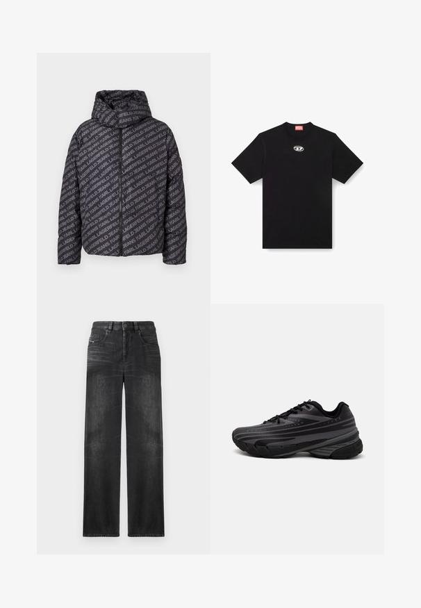 Svart boblejakke med hette, med et heltrykt grått "KARL JEA" tekstmønster, glidelåslukking og elastiske mansjetter. Lett, quiltet design.; Svart bomull T-skjorte med rund hals og korte ermer. Har en liten, sølvfarget logo brodert på midten foran.; Sorte jeans med rett ben i denim, med fem lommer, beltehemper, og subtil fading på stoffet for tekstur.; Svarte joggesko med en teksturert overdel som har grå striper. Tykk såle for demping, rund tå og flate snører for en sikker passform.