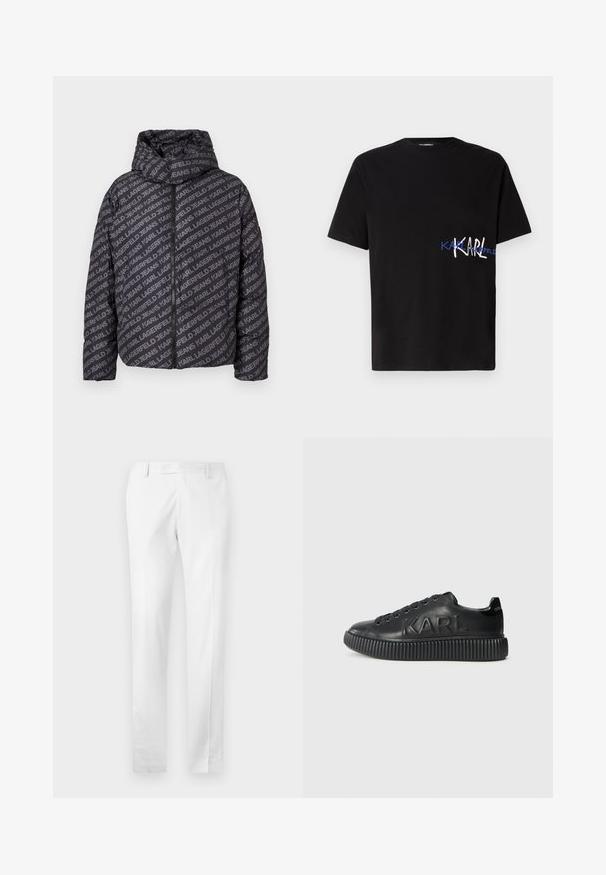Juodas pūkinis džinsas su kapišonu, puoštas viso paviršiaus pilku "KARL JEA" tekstu, su užtrauktuku, ir elastingais rankogaliais. Lengvas, siuvinėtas dizainas.; Juodas medvilninis marškinėliai trumpomis rankovėmis, su grafikiniu dizainu, kuriame ant kairiojo šono užrašyta "KARL" balta ir mėlyna spalvomis. Apvalaus kaklo stilius.; Balti pritaikyti kelnių modeliai, pagaminti iš lygaus audinio, su lygia priekiu, šoninėmis kišenėmis ir tiesiomis kojomis.; Juoda sneaker'iai, pagaminti iš lygios odos, su storu rakteliais dekoruotu padu ir iškilmingu prekės ženklu. Klasikinis batų raištelių modelis su apvaliais akių skylutėmis.