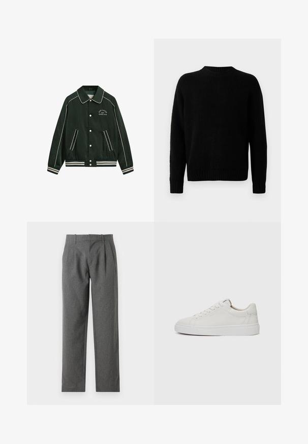 Zöld bombázó dzseki nagy gallérral, fehér díszítéssel, és a mellkason hímzett "New Haven Gant Sports Club" felirattal. Csíkozott mandzsettákkal és zsebekkel rendelkezik.; Fekete kötött pulóver bordás textúrával, kerek nyakkivágással és hosszú ujjakkal. Egyszerű dizájn; nincs további minta vagy díszítés.; Szürke, csíkozott nadrág, amelytexturált anyagból készült. Magas derék és redők jellemzik, valamint egyenes szabású láb. ; Fehér bőr, alacsony szárú sportcipő kerek orral, lapos fehér gumitalppal és minimalista varrási részletekkel. A fűzők hat szemre fűzve.