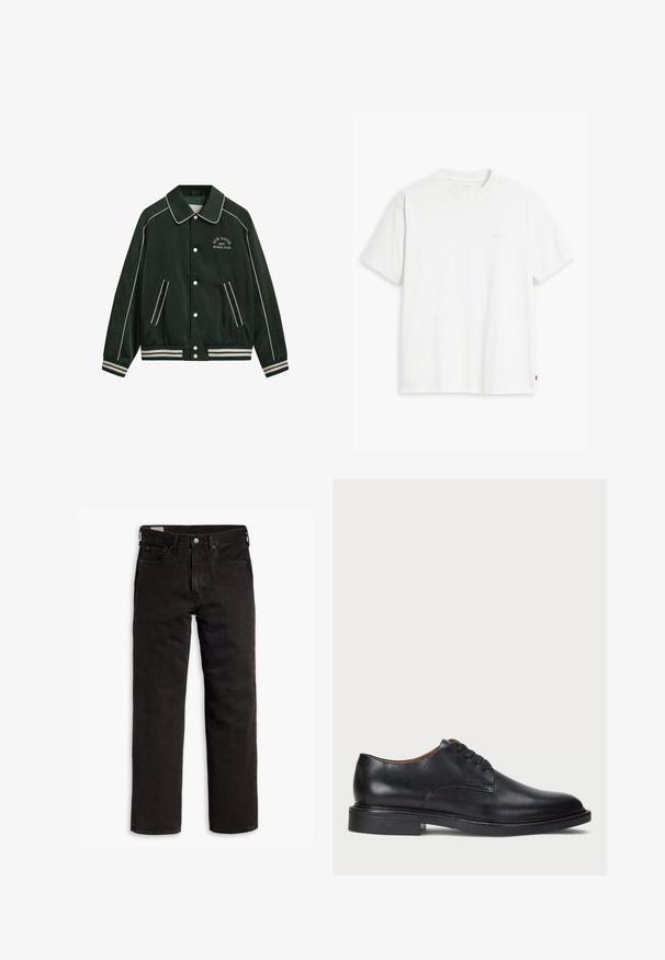Zöld bombázó dzseki nagy gallérral, fehér díszítéssel, és a mellkason hímzett "New Haven Gant Sports Club" felirattal. Csíkozott mandzsettákkal és zsebekkel rendelkezik.; Fehér pamut rövid ujjú póló, kerek nyakkivágással és egy finom, világos színű "Levi's" logóval az elején.; Fekete egyenes szárú farmernadrág öt zsebbel, gombos záródással és övhurkokkal, fehér háttéren elhelyezve.; Fekete bőrből készült dresszcipő kerek orral, fűzős kialakítással és alacsony, rétegelt sarkával. Simás felület minimális varrási részletekkel.