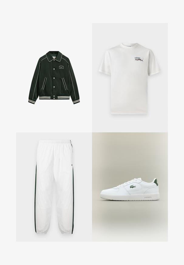 Groene bomberjack met een grote kraag, witte bies en "New Haven Gant Sports Club" geborduurd op de borst. Voorzien van gestreepte manchetten en zakken.; Witte katoenen T-shirt met een ronde hals, korte mouwen en een klein geborduurd logo met bergen en tekst op de linkerborst.; Witte trainingsbroek met donkergroene zijpanelen. Lichtgewicht materiaal, elastische tailleband en boordjes aan de onderkant. Heeft een meshstructuur op de zijpanelen.; Witte leren sneaker met een gladde afwerking, groene accenten op de hak en een groen logo aan de zijkant. Beschikt over een platte zool en een ronde neus.