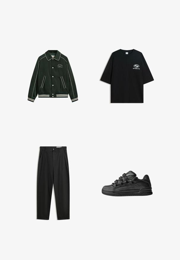 Giacca bomber verde con un ampio colletto, piping bianco e "New Haven Gant Sports Club" ricamato sul petto. Presenta polsini a righe e tasche.; T-shirt nera oversize in cotone con scollatura rotonda e maniche corte, con un logo bianco "Shibuya" stampato sul fronte.; Pantaloni in cotone neri con una vestibilità rilassata, dotati di una vita classica, pieghe frontali e tasche laterali. Tessuto liscio senza fantasie.; Sneaker nere con una toma in pelle liscia, dettagli testurizzati e lacci tondi neri e bianchi. Suola spessa in gomma con battistrada gommato.