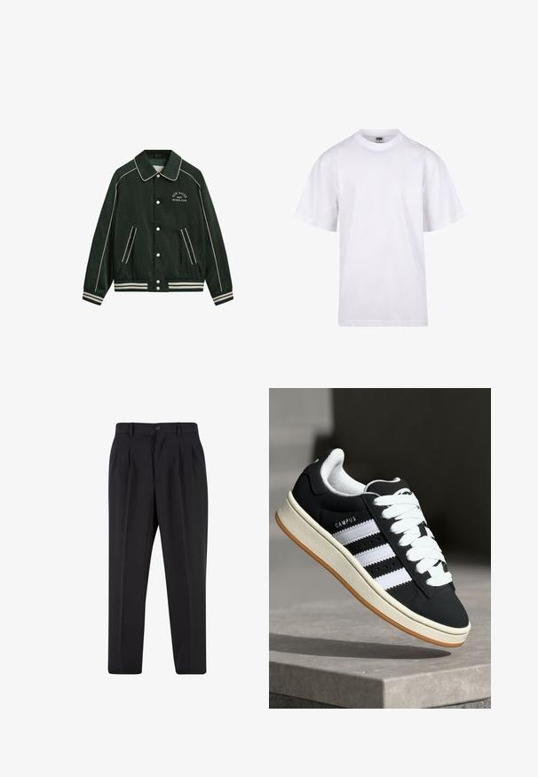 Zelena bomber jakna s velikim ovratnikom, bijelim obrubom i izvezenim natpisom "New Haven Gant Sports Club" na prsima. Ima prugaste rukave i džepove.; Bijela pamučna majica s okruglim izrezom, kratkim rukavima i opuštenim krojem. Ima jednostavan dizajn bez uzoraka ili akcenta.; Crne hlače s nabranim prednjim dijelom, izrađene od glatkog materijala. Imaju zatvaranje na gumb i petlje za remen; ravne su krojen.; Crna tenisica s bijelim prugama, vezicama, teksturiranim gornjim dijelom i gumeni potplat. Na bočnoj strani se nalazi logo "CAMPUS" i gumeni potplat.