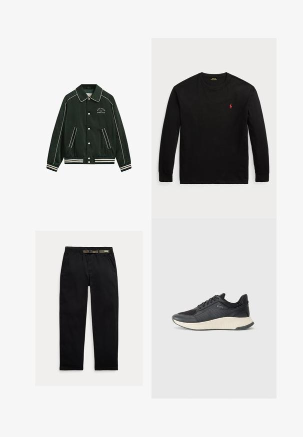 Groene bomberjack met een grote kraag, witte bies en "New Haven Gant Sports Club" geborduurd op de borst. Voorzien van gestreepte manchetten en zakken.; Zwarte longsleeve t-shirt van katoen. Heeft een ronde hals, ribgebreide manchetten en een klein rood geborduurd logo op de borst. Vlotte textuur.; Zwarte broek van lichtgewicht stof, met een elastische tailleband en een geïntegreerde groene riem, recht model en zijzakken.; Zwarte sport sneaker met een mesh bovenkant met perforaties, een gestructureerde tussenzool in roomkleur en een rubberen buitenzool voor grip.