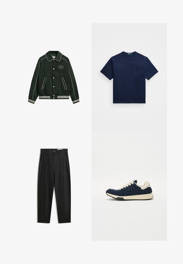 Green bomber jacket with a large collar, white piping, and "New Haven Gant Sports Club" embroidered on the chest. Features striped cuffs and pockets.; Navy blue cotton t-shirt with a crew neckline, short sleeves, and a left chest pocket. Smooth texture with a classic fit.; Black cotton trousers with a relaxed fit, featuring a classic waistband, front pleats, and side pockets. Smooth texture without patterns.; Navy blue sneaker with a textured suede upper, cream laces, and a beige midsole. Features a classic athletic design and rubber outsole.