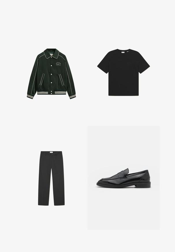 Chaqueta bomber verde con un gran cuello, ribetes blancos y "New Haven Gant Sports Club" bordado en el pecho. Presenta puños a rayas y bolsillos.; Camiseta de algodón negra con cuello redondo y mangas cortas. Presenta un sutil logo de texto en el frente. Textura suave y corte relajado.; Pantalones negros de tejido ligero. Presentan un diseño de pierna recta con un frente plano, bolsillos laterales y una cinturilla discreta.; Mocasines de cuero negro con un acabado suave, que presentan una punta redondeada y una banda estrecha en la parte superior. Tacón bajo apilado.