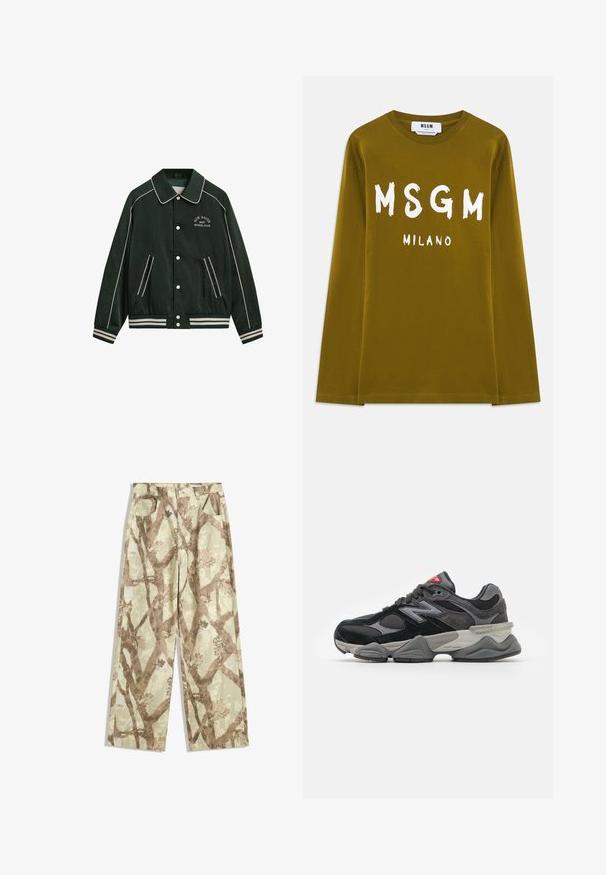 Groene bomberjack met een grote kraag, witte bies en "New Haven Gant Sports Club" geborduurd op de borst. Voorzien van gestreepte manchetten en zakken.; Olijfgroene T-shirt met lange mouwen van katoen, met grote witte opdruk van "MSGM" en "MILANO" op de voorkant.; Broek van lichtgewicht stof in een lichtgroene tint, met een bruin takpatroon, wijd model en twee voorzakken.; Zwarte en grijze sneaker met een mix van suede en mesh materialen, dikke zool, opvallend logo en een rode accent op de tong.