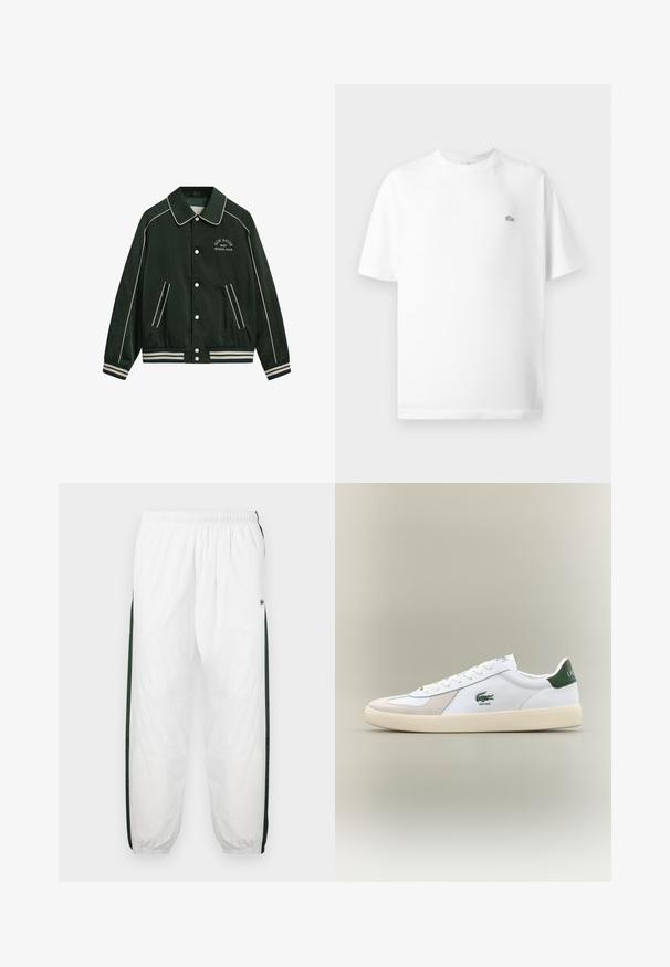 Roheline pommertagi suurte krae, valgete äärtel ja "New Haven Gant Sports Club" tikandiga rinnal. Omab triibulisi mansette ja taskuid.; Valge puuvillane T-särk ümmarguse kaeluse ja lühikeste varrukatega. Vasakul rinna küljes on väike must Lacoste'i logo.; Valged sportpüksid tumeroheline külgpanelitega. Kerge materjal, elastne vöökoht ja mansetid. Külgpanelitel on võrkmuster.; Valged sneaks roheliste aktsentidega, nahast ja sametmaterjalidest, ümmarguse varbaga, tekstuuriga välistallaga ning tikandiga logo külje ja keele peal.