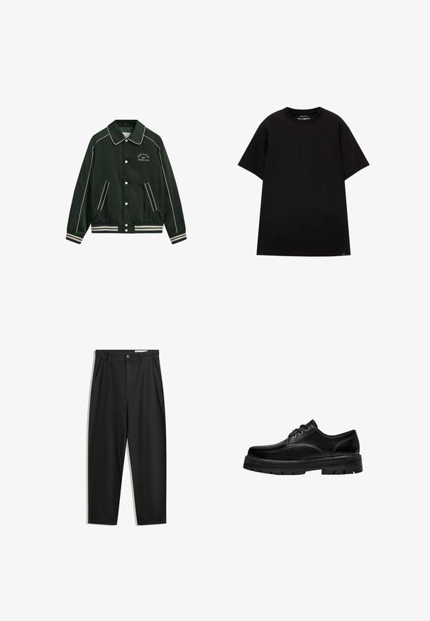 Jachetă bomber verde cu un guler mare, detalii albe și broderia "New Haven Gant Sports Club" pe piept. Dispune de manșete șerpuite și buzunare.; PULL&BEAR JOIN LIFE - Tricou basic - black; Pantaloni negri din bumbac cu croială lejeră, având un brâu clasic, plii frontale și buzunare laterale. Textură netedă fără modele.; Pantofii din piele neagră, cu șireturi, au vârful rotunjit, un finisaj texturat și o talpă groasă din cauciuc, cu un profil adânc pentru aderență.