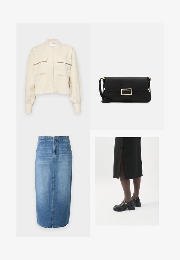 Jachetă scurtă crem dintr-un material texturat, cu fermoar frontal, guler în picioare și două buzunare pe piept cu clapete butonate.; JDY JDYDINEA L/S REVERSIBLE - Pulover - fern; Fustă tip creion din denim, de culoare albastru deschis, cu un croi drept, închidere cu nasturi în față și estompare subtilă. Linia tivului este ușor deasupra genunchiului.; Pantofi din piele neagră cu vârful rotund, toc bloc gros și accente elastice pe lateral, asortați cu colanți închiși la culoare și o fustă neagră cu o fanta.; Geantă de mână din piele neagră, cu clapetă și un detaliu din metal auriu. Include o curea neagră și un design elegant, minimalist.