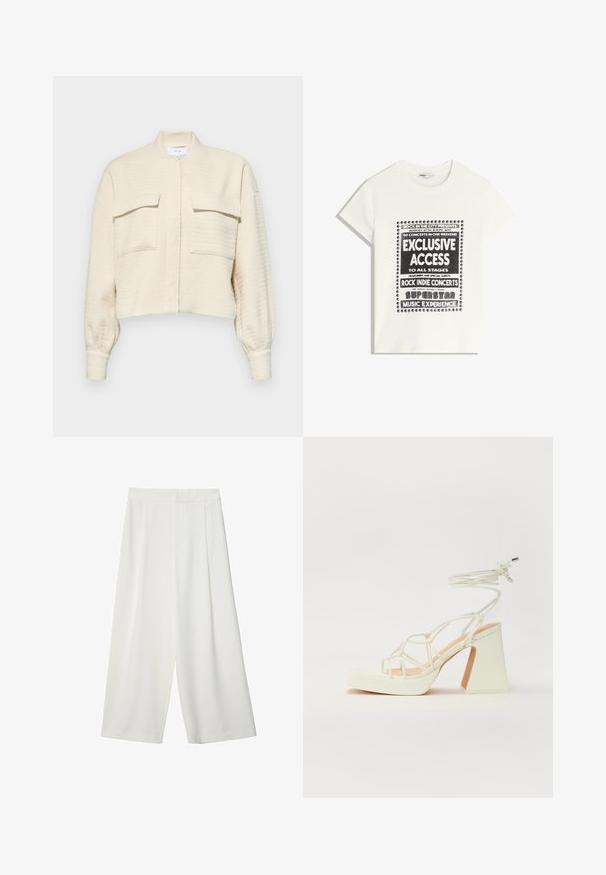 Skraćena krema jakna od teksturirane tkanine, s patentnim zatvaračem sprijeda, stojećim ovratnikom i dva džepa na prsima s preklopima na dugmad.; Bijela majica s crnim natpisom koja promiče glazbeni događaj, s natpisima "Ekskluzivni Pristup", "Rock Indie Koncerti" i "Superstar Glazbeno Iskustvo."; Bijele široke skraćene hlače od glatkog materijala, s ravnim prednjim dijelom i bez vidljivih kopčanja ili džepova.; Bijela sandala na visokoj potpetici s debelim petom, s remenom i vezanjem oko gležnja. Glatka tekstura s platformom sprijeda za dodatnu visinu.