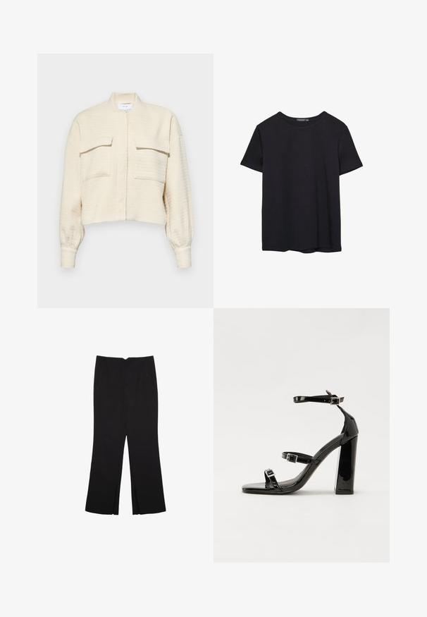 Lyhyt kerma jäähdytys takki, jossa on tekstuuri kangasta, varustettuna vetoketjulla, ylösnostettavalla kauluksella ja kahdella rintataskulla, joissa on nappiläpät.; Yksinkertainen lyhythihainen musta puuvillapaidan t-paita, jossa on pyöreä kaula-aukko, esitetty valkoisella taustalla.; Mustat housut suoralinjaisella leikkauksella, joissa on etutaskut ja sivurei'ät helman alla. Valmistettu pehmeästä ja sileästä kankaasta. Sopii eri tilaisuuksiin.; Musta kiiltävä korkokenkä sandaalit neliönmuotoisella varpaalla, nilkkaremmillä ja hopeisilla soljilla. Varustettu tukevalla lohkokorkealla vakauden takaamiseksi.