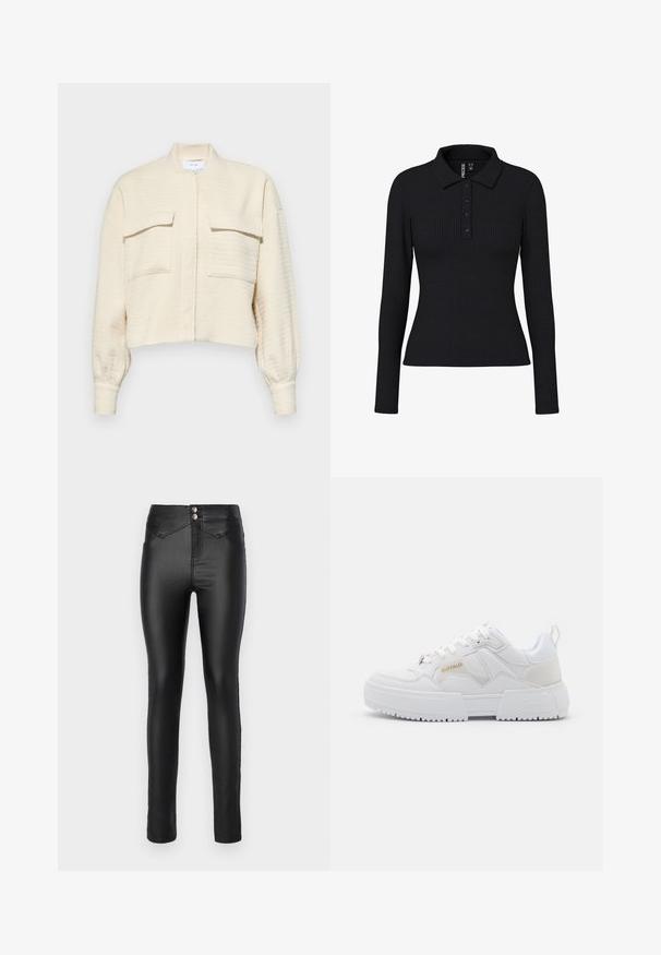 Giacca cropped crema in tessuto testurizzato, con chiusura a zip, colletto alto e due tasche sul petto con pattine a bottone.; Polo a maniche lunghe nera a coste con colletto, patta con tre bottoni e silhouette fitted. Tessuto elastico con leggera texture.; Jeans skinny neri a vita alta realizzati in un materiale morbido e elasticizzato. Due bottoni argentati in vita e dettagli di cucitura minimi.; Sneaker bianche con un design voluminoso, realizzate in materiali sintetici e pelle, con dettagli testurizzati, lacci e un logo prominente in oro.