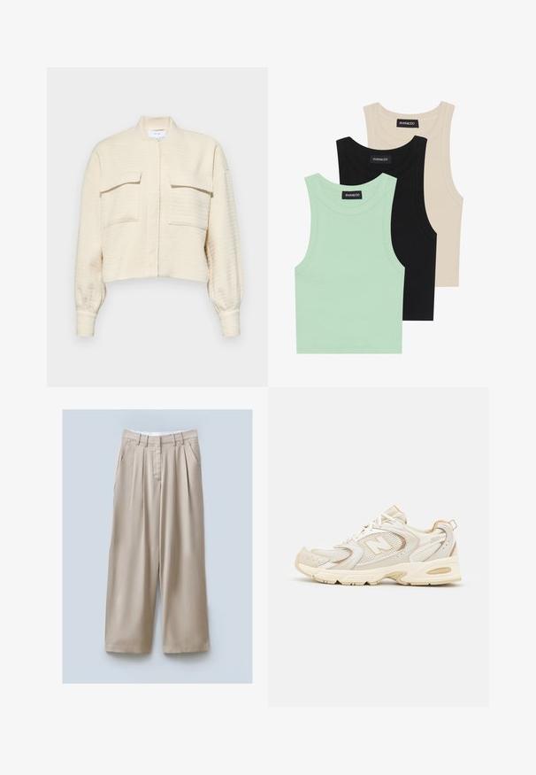 Geknipte crèmekleurige jas van gestructureerde stof, met een ritssluiting aan de voorkant, staande kraag en twee borstzakken met knoopflappen.; Drie tanktops in mintgroen, zwart en beige; gemaakt van ribbelstof met een ronde halslijn en zonder mouwen. Merkenlabel zichtbaar.; Beige wijde broek met een gestructureerde afwerking, voorzien van twee zijzakken, voorplitsingen en een tailleband voor een veilige pasvorm.; Beige sport schoenen met gaas- en synthetische overlays, voorzien van een textuur, een gevoerde kraag en "ABZORB" demping bij de hiel.