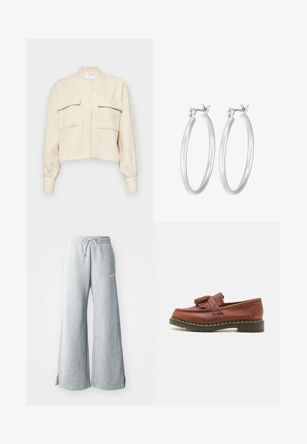 Kopts krēmkrāsas žakete ar teksturētu audumu, ar rāvējslēdzēja priekšu, uzceltu apkakli un divām krūšu kabatām ar pogu uzlādes flāpām.; Trīs bezpiedurkņu topi mint zaļā, melnā un bēšā krāsā; izgatavoti no ribotas auduma ar apaļu dekoltē. Redzama zīmola etiķete.; Gaiši pelēkas sporta bikses, kas izgatavotas no mīksta auduma, ar diegu vidukli, platām kājām un sānu šķirbām. Nike logo nemanāmi izvietots.; Brūnas ādas mokasīni ar pušķu akcentiem, strukturēta virsma un kontrastējošs dzeltenais diegs melnajā gumijas zole. Sānu skats.; Sudraba riņķveida auss gredzeni ar gludu, pulētu apdari. Apaļa forma un drošs klikšķa augšējais slēgums. Viegls dizains, kas piemērots ikdienas valkāšanai.