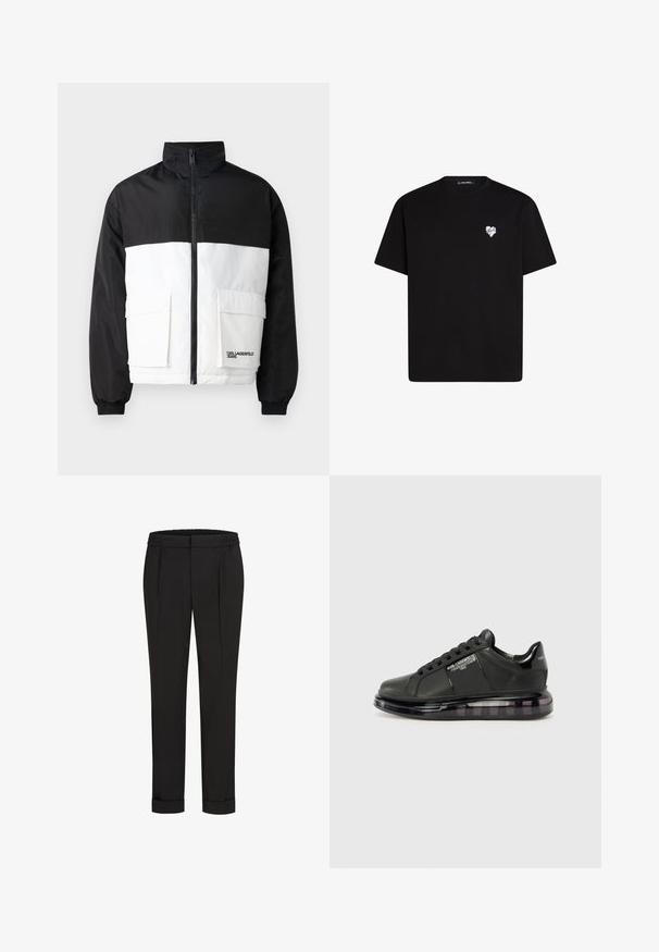 Värviliselt plokkeeritud jakk, mille ülemine osa on must ja alumine osa valge. Omab kõrget kraed, esitõmblikku ja kahte esist taskut.; Mustvalg mustast puuvillast t-särk lühikeste varrukatega, ümar kaelus ja väike valge südame graafika vasakul rinnal.; Mustad püksid elastse vöökohtaga, sirge jala kujundusega ja üles keeratud äärtega. Valmistatud siledast, kudumisega kangast, ilma mustriteta.; Must mustad musta nahast ülemise osaga, ümarate varvaste ja paeltega disainiga. Omab läbipaistvat, pehmendatud tallat, millel on tume gradient.