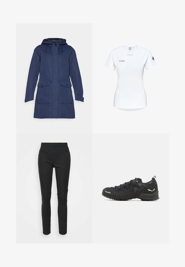 Marinblå vattentät parkas med huva, utrustad med frontdragkedja, två bröstfickor och två nedre fickor med klaff. Slät textur, medellång design.; Kortärmad vit träningsskjorta med rund halsringning, försedd med en logotyp på bröstet och en slät, lätt tygkvalitet.; Svarta idrotts leggings med hög midja, slät textur, logotypdetalj och sidopaneler för ökad visuell intress.; Svarta vandringsskor med ett texturerat tygöverdrag, snörningssystem och slitstark gummisula. Prydda med reflekterande detaljer och logotyper.