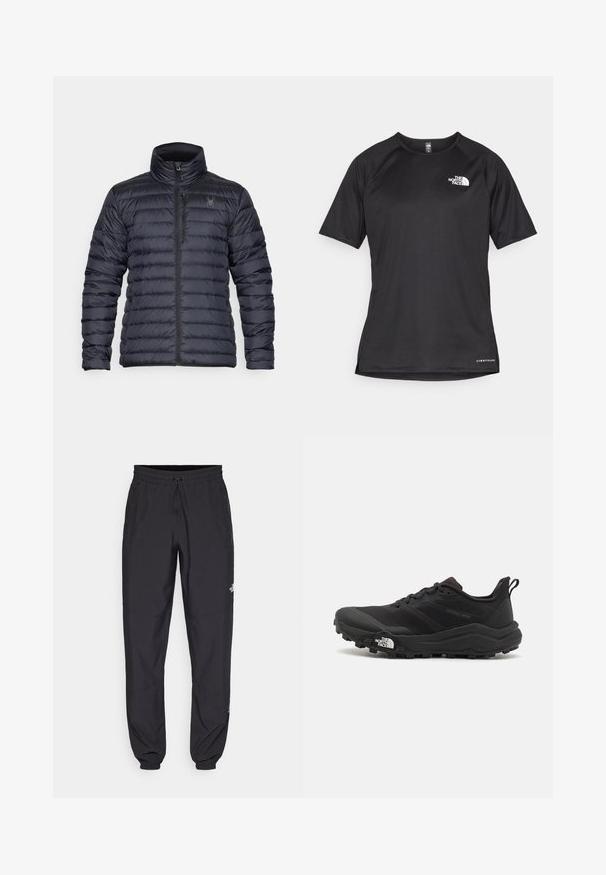 Giacca a vento in blu navy scuro, con zip frontale, colletto alto e lavorazione a righe orizzontali. Include tasche laterali e un logo discreto.; Maglietta sportiva nera a maniche corte con tessuto testurizzato, caratterizzata da un logo bianco sul lato sinistro del petto e orlo dritto.; Pantaloni sportivi neri realizzati in tessuto leggero, con vita regolabile con cordino, tasche laterali e orli affusolati alle caviglie.; Scarpa da trail running nera con tomaia texture, suola in gomma e punta rinforzata. Presenta un collare imbottito e un tassello per un indossamento facile.