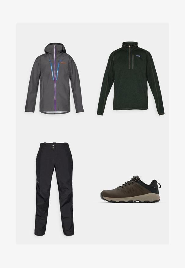 Γκρι αδιάβροχο μπουφάν με κουκούλα, που διαθέτει μωβ και μπλε φερμουάρ, ρυθμιζόμενα σκοινάκια και λογότυπο στο στήθος.; Σκούρο πράσινο φλις παλτό Patagonia με κουμπί μέχρι το ένα τέταρτο και φερμουάρ στην τσέπη του στήθους, μακριά μανίκια και ψηλό γιακά.; Μαύρο αδιάβροχο παντελόνι με απαλή υφή, διαθέτει δύο μπροστινά κουμπιά και σχεδιασμό με στενή γραμμή. Διακοσμημένο με λογότυπο στο πλάι.; Καφέ αδιάβροχα αθλητικά παπούτσια με υφασμάτινη επάνω επιφάνεια, διατρήσεις, μαύρη στήριξη στη φτέρνα και γκρι ελαστική σόλα. Οι κορδόνες είναι διακοσμημένες με μεταλλικές άκρες.