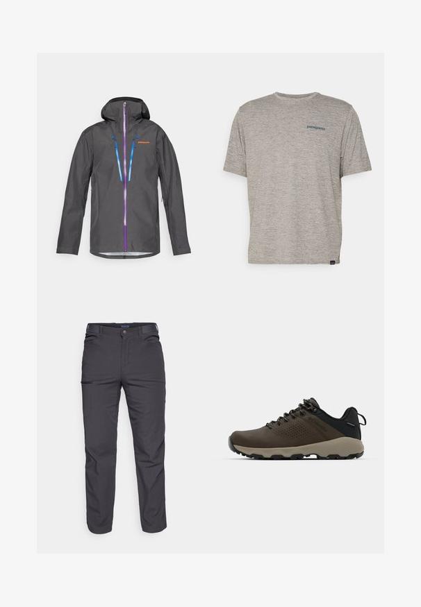 Pilkas atsparus vandeniui priekinis kapišonas, su purpurinėmis ir mėlynomis užtrauktukais, reguliuojamais raišteliais ir logotipu ant krūtinės.; Pilkas trumpas rankovės marškinėliai, pagaminti iš minkštos, tekstūruotos medžiagos, ant kairiojo krūtinės puikuojasi mažas mėlynas Patagonia logotipas. Be papildomų raštų.; Tamsiai pilki kelnės, pagamintos iš patvarios medžiagos, su užtrauktuku užsegamu kišeniu, tiesiu kirpimu ir diržo kilpom pritaikytiems dydžiams.; Rudi nepralaidūs sportbačiai su tekstūruota viršutine dalimi, perforuotomis detalėmis, juodu kulno palaikymu ir pilku guminio padu. Šniūreliai yra dekoruoti metaliniais galais.