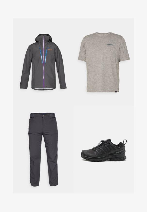 Gray waterproof jacket with a hood, featuring purple and blue zippers, adjustable drawstrings, and a logo on the chest.; Gray short-sleeve t-shirt made of soft, textured fabric featuring a small blue Patagonia logo on the left chest. No additional patterns.; Dark gray trousers made of durable fabric, featuring a zippered pocket, straight cut, and belt loops for adjustable fit.; Black athletic shoe with a textured synthetic upper, cushioned sole, and a quick-lacing system. Features a reinforced toe and heel.