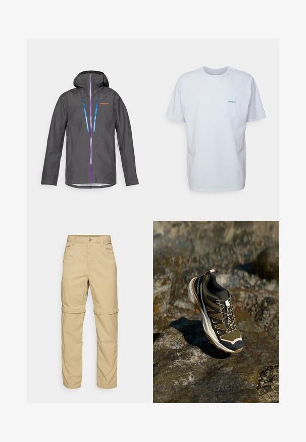 Veste imperméable grise avec capuche, dotée de fermetures éclair violettes et bleues, de cordons de réglage et d'un logo sur la poitrine.; T-shirt en coton blanc à manches courtes, col rond et poche sur la poitrine gauche, arborant un logo "Patagonia" bleu. Coupe classique avec une texture lisse.; Pantalons dézippables beige avec une texture lisse, dotés de deux poches latérales, d'une fermeture à bouton et de poignets retroussables pour plus de polyvalence.; Chaussure de randonnée en vert olive et noir avec des accents roses. Elle présente un dessus texturé, une semelle flexible, une coque avant renforcée et un système de laçage coloré.