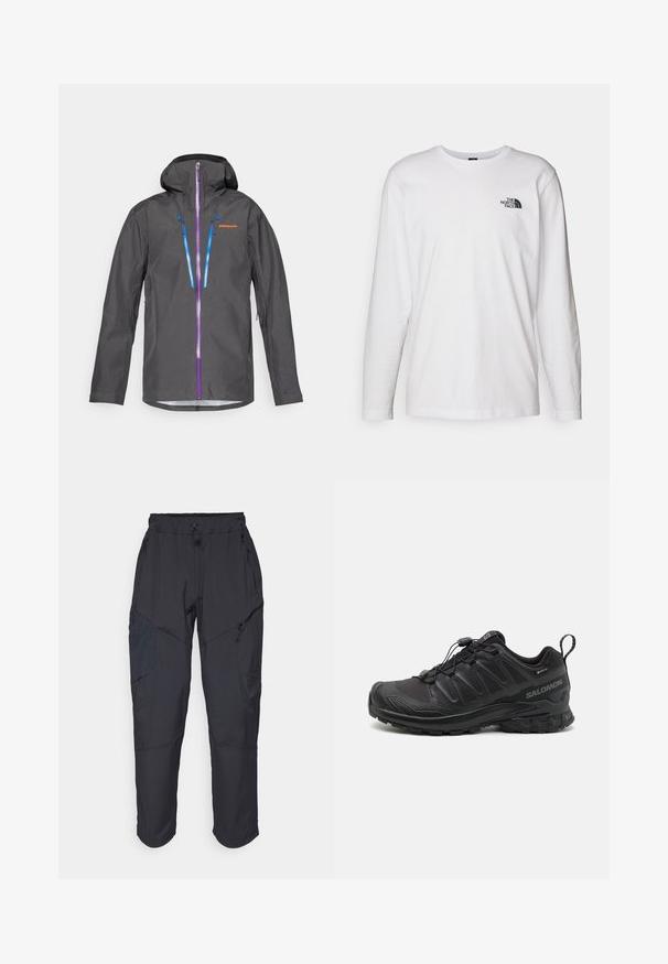 Gray waterproof jacket with a hood, featuring purple and blue zippers, adjustable drawstrings, and a logo on the chest.; White long-sleeve T-shirt made of cotton with a crew neck. Features a small black logo on the chest. Smooth texture, regular fit.; Black cargo pants made from a lightweight, water-resistant material; features elastic waistband, multiple zippered pockets, and tapered legs.; Black athletic shoe with a textured synthetic upper, cushioned sole, and a quick-lacing system. Features a reinforced toe and heel.