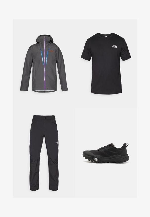 Jachetă impermeabilă gri cu glugă, având fermoare mov și albastre, șnururi ajustabile și un logo pe piept.; Tricou scurt din bumbac, de culoare neagră, cu guler rotund și un mic logo alb în partea de sus a pieptului stâng.; Pantaloni negri de exterior cu un buzunar frontal cu fermoar, din material sintetic, cu picioare îngustate și panouri de genunchi întărite. Prezintă o închidere cu buton.; Pantofii de alergare pe teren accidentat, de culoare neagră, cu un superior texturat, talpă din cauciuc și vârf întărit. Prezintă un guler căptușit și o bandă de prindere pentru îmbrăcare ușoară.