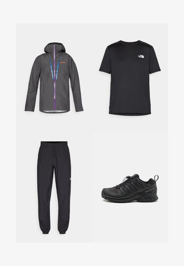 Giacca impermeabile grigia con cappuccio, caratterizzata da zip viola e blu, cordini regolabili e un logo sul petto.; T-shirt nero a maniche corte realizzata in tessuto leggero. Presenta un piccolo logo bianco sul lato sinistro del petto e delicati dettagli sulle spalle.; Pantaloni sportivi neri realizzati in tessuto leggero, con vita regolabile con cordino, tasche laterali e orli affusolati alle caviglie.; Scarpa sportiva nera con parte superiore in sintetico testurizzato, suola imbottita e sistema di allacciatura rapida. Presenta una punta e un tallone rinforzati.