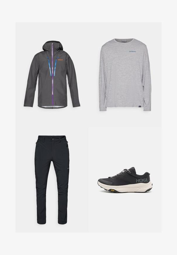 Siva vodootporna jakna s kapuljačom, koja ima ljubičaste i plave patentne zatvarače, podesive šnure i logo na grudima.; Svijetlosivi dugi rukav majica od mekanog, teksturiranog materijala. Ima okrugli izrez i mali plavi Patagonia logo na prsima.; Crne vanjske hlače ravnog kroja, s džepovima na zip, petljama za remen i laganom, izdržljivom teksturom tkanine.; Crni atletski čizme s teksturiranim gornjim dijelom, sivi naglasci, reflektirajući detalji i debela bijela potplat s Vibram oznakom.