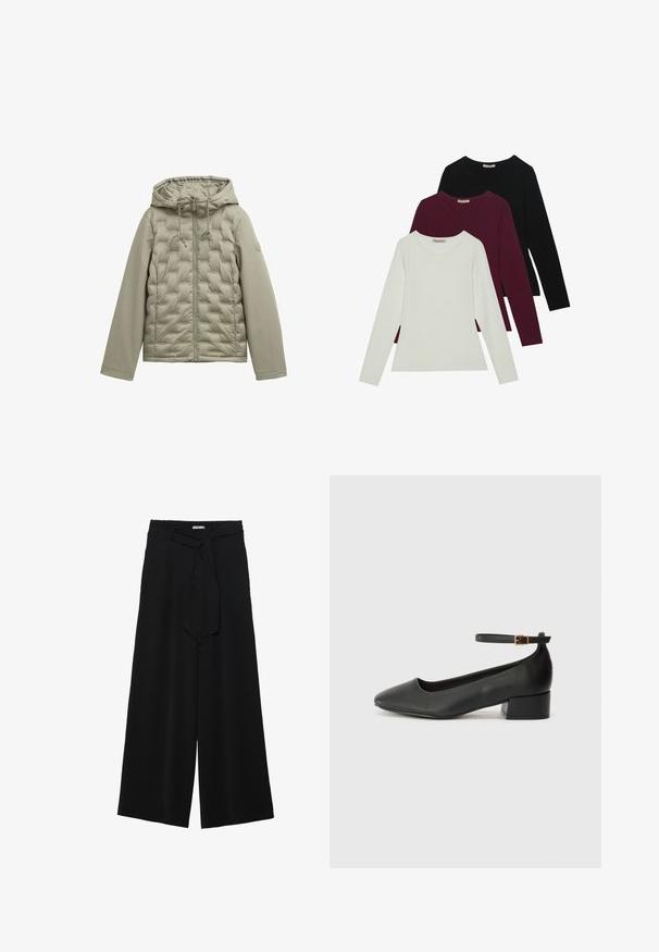 Jasnozielona kurtka puchowa z zamkiem z przodu, kapturem i pikowanym wzorem. Gładki materiał na rękawach, sznurki przy kapturem oraz okrągły detal z logo.; Koszulki z długim rękawem w kolorach białym, burgundowym i czarnym. Wykonane z miękkiej tkaniny, z okrągłym dekoltem i dopasowanym krojem. Idealne do warstwowego ubierania.; Czarne spodnie szerokie z teksturowanej tkaniny, z elastycznym paskiem w talii i odpinanym paskiem w talii dla regulowanego dopasowania.; Czarne skórzane szpilki z ostrym noskiem i niskim słupkowym obcasem. Wyposażone w pasek na kostkę z złotym zapięciem. Gładka tekstura.