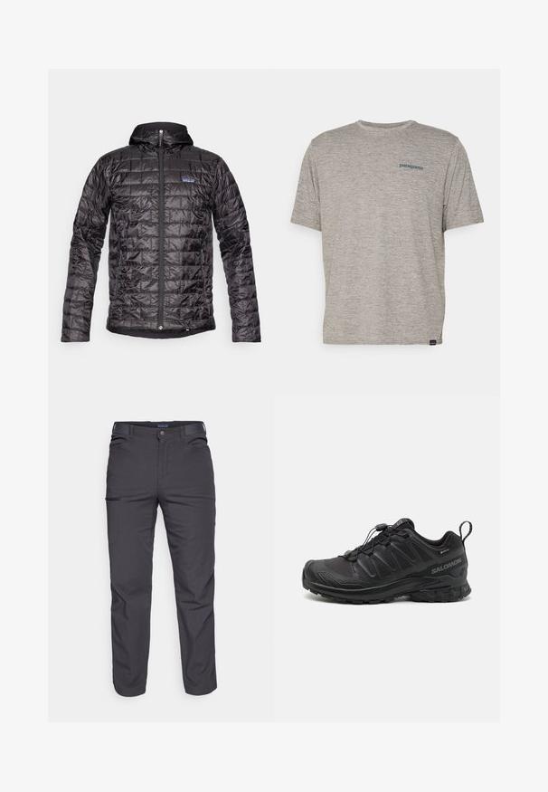 Casaco isolado preto com capuz, apresentando um design acolchoado, fecho zip na frente e detalhe de logotipo no lado esquerdo do peito. Material impermeável.; Camiseta cinza de manga curta feita de um tecido suave e texturizado, com um pequeno logo azul da Patagonia no lado esquerdo do peito. Sem padrões adicionais.; Calças cinza-escuras feitas de um tecido durável, com um bolso com fecho éclair, corte reto e passantes para cinto para um ajuste ajustável.; Sapatilha atlética preta com um cabedal sintético texturizado, sola acolchoada e um sistema de atilhos rápido. Possui biqueira e calcanhar reforçados.