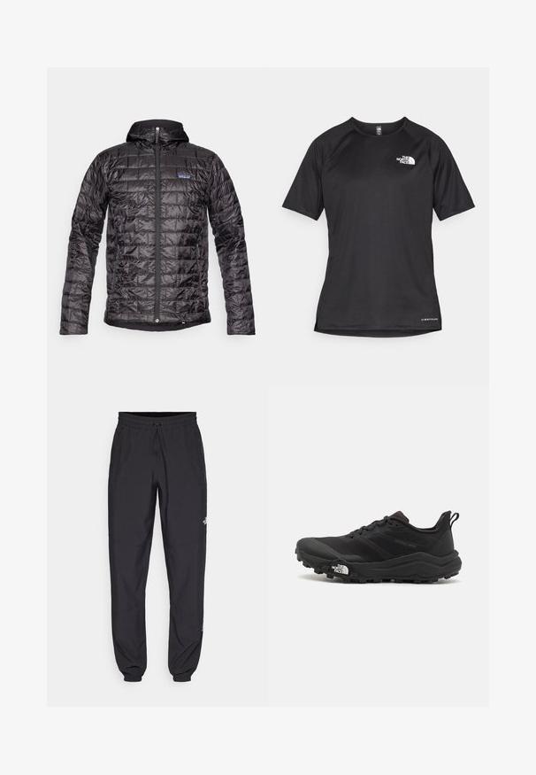 Črna izolirana jakna s kapuco, z izšitjem, sprednjim zadrgo in logotipom na levem prsnem delu. Vodoodporen material.; Črna kratko rokavna športna majica iz teksturirane tkanine, z belim logotipom na levem prsnem delu in ravnim robom.; Črne atletske hlače iz lahkega materiala, ki imajo elastični pas z vezalko, stranske žepe in zožene manšete na gležnjih.; Črne tekaške čevlje za trail s teksturirano zgornjega dela, gumijastim podplatom in ojačanim zaključkom prstov. Vključuje oblazinjen ovratnik in zanko za enostavno obuvanje.