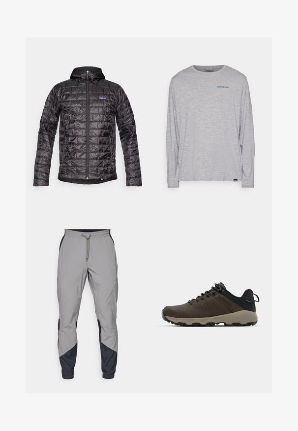 Fekete szigetelt dzseki kapucnival, steppelt dizájnnal, elülső cipzárral és logóval a bal mellrészen. Vízhatlan anyag.; Világosszürke, hosszú ujjú póló, puha, texturált anyagból készült. Kerek nyakkivágással és egy kis kék Patagonia logóval rendelkezik a mellkasán.; Könnyű, szürke sportnadrág fekete részletekkel. Rugalmas derékpánt, zsinóros zárás, szabott lábszár kialakítás és oldalsó zsebek.; Barna vízálló sportcipők texturált felsőrésszel, perforált díszítésekkel, fekete saroktámasszal és szürke gumi talppal. A cipőfűzők fém végződésekkel vannak ellátva.