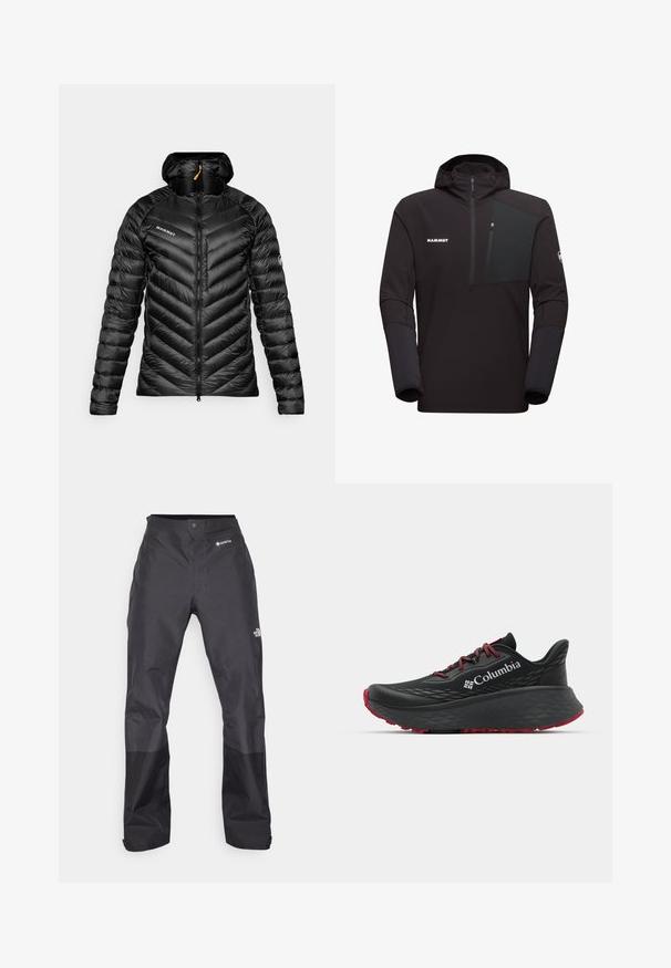 Giacca a vento nera con design a zigzag, chiusura con zip e cappuccio. Presenta un logo del brand sul petto e un tessuto texturizzato e lucido.; Giacca nera con cappuccio e tasca sul petto con zip, realizzata in tessuto texturizzato, con maniche nere a tinta unita in contrasto e logo sul davanti.; Pantaloni impermeabili neri con una texture liscia, dotati di un logo GORE-TEX sulla parte anteriore e rinforzi sulle gambe inferiori per una maggiore durata.; Scarpa sportiva nera con tomaia testurizzata, lacci rossi e logo. Suola spessa con battistrada a righe per una buona aderenza. Design minimalista, vista laterale.