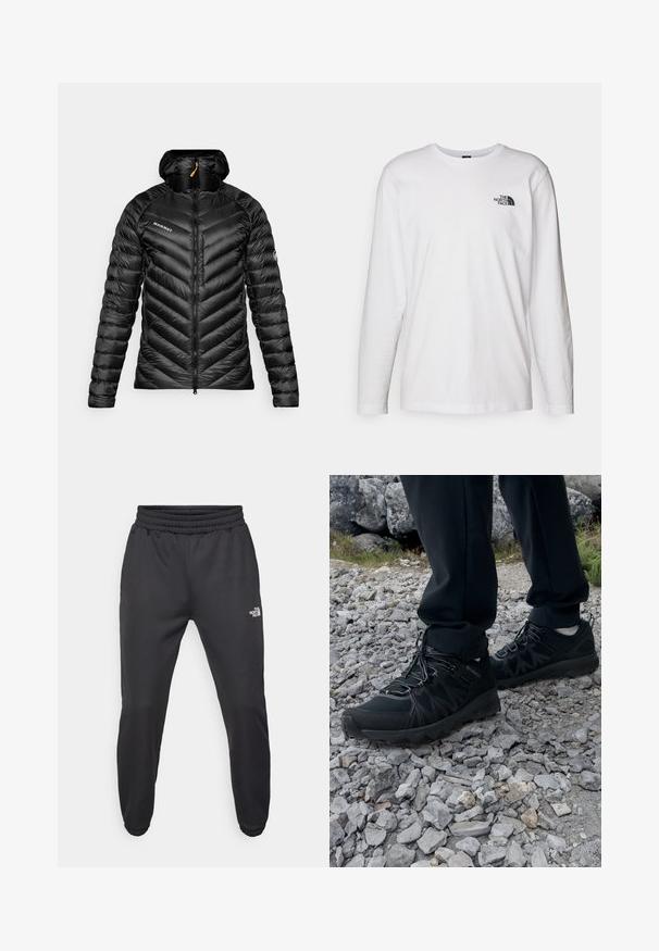 Mustahduda musta takki, jossa on chevron-kuvio, vetoketju ja huppu. Rinnassa on brändilogolla varustettu merkki ja kankaan pinta on teksturoitu ja kiiltävä.; Valkoinen pitkähihaisen T-paita, joka on valmistettu puuvillasta ja jossa on pyöreä kaula-aukko. Rintamuksessa on pieni musta logo. Sileä kangas, normaali malli.; Mustat collegehousut, joissa on nauhakuomu vyötäröllä, kapeneva fit, elastiset hihansuut ja pieni valkoinen logo vasemmassa reidessä, valmistettu sileästä kankaasta.; Mustat ulkokengät, joissa on verkko- ja synteettinen materiaali, teksturoitu päällinen, varma nauhoitusjärjestelmä ja kestävä pohja kivikkoisella maastolla.